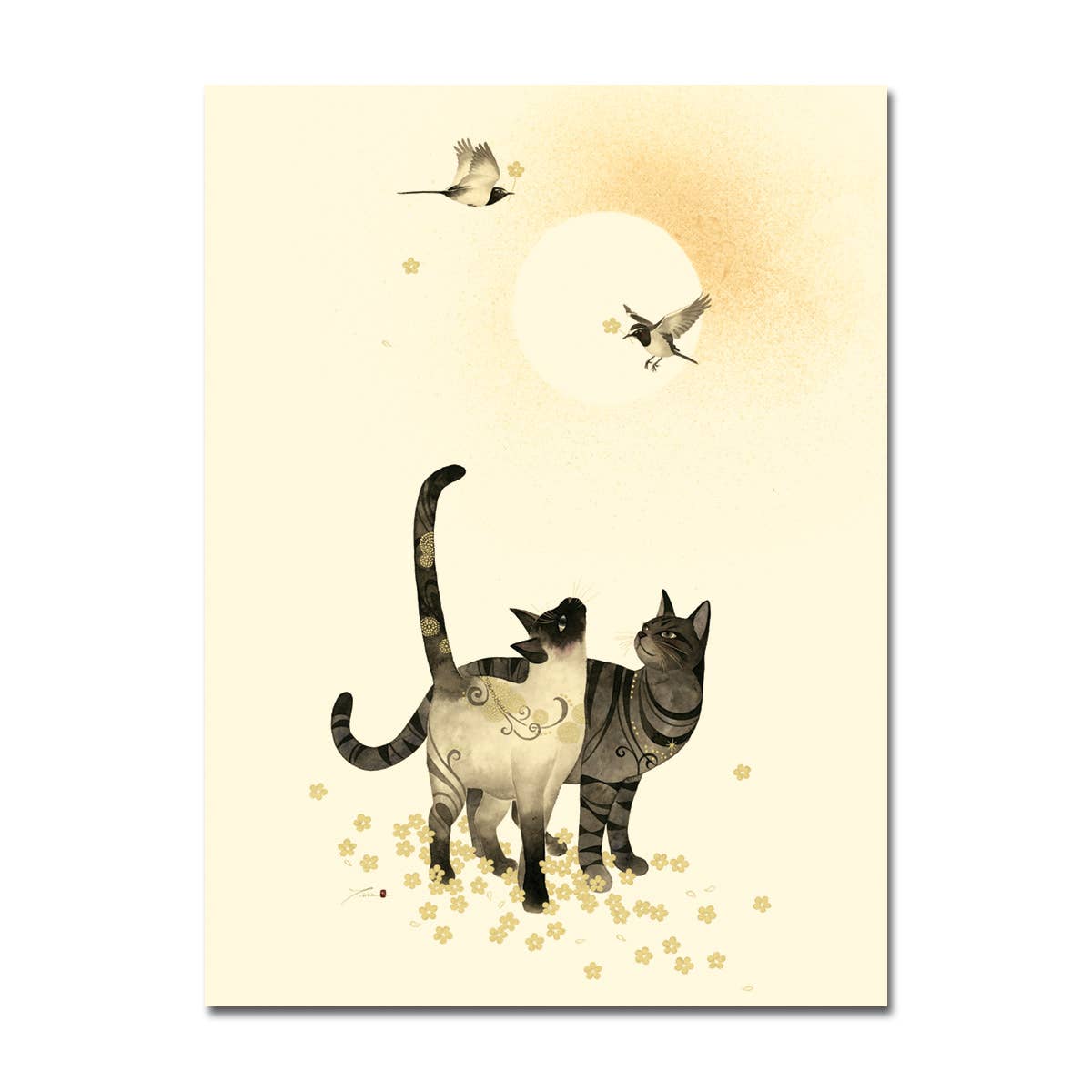 Two Cats Anniversary Card with gold foil, birds, and sun art by Tadashi Ura, available at Stationery Store, ivory matte finish.
