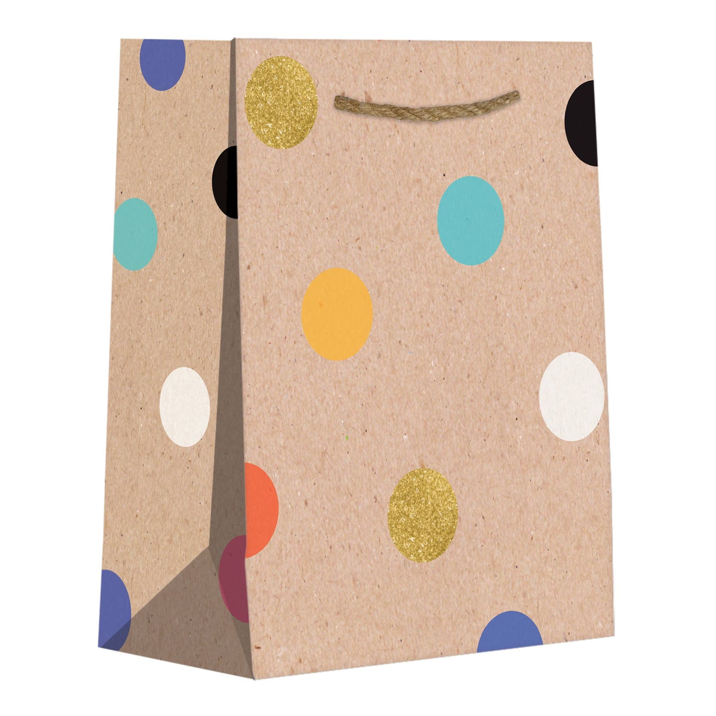 Eco-friendly Party Dot Tote in Tiny size from a stationery store, 100% recycled paper, featuring colorful dots and a matte finish.
