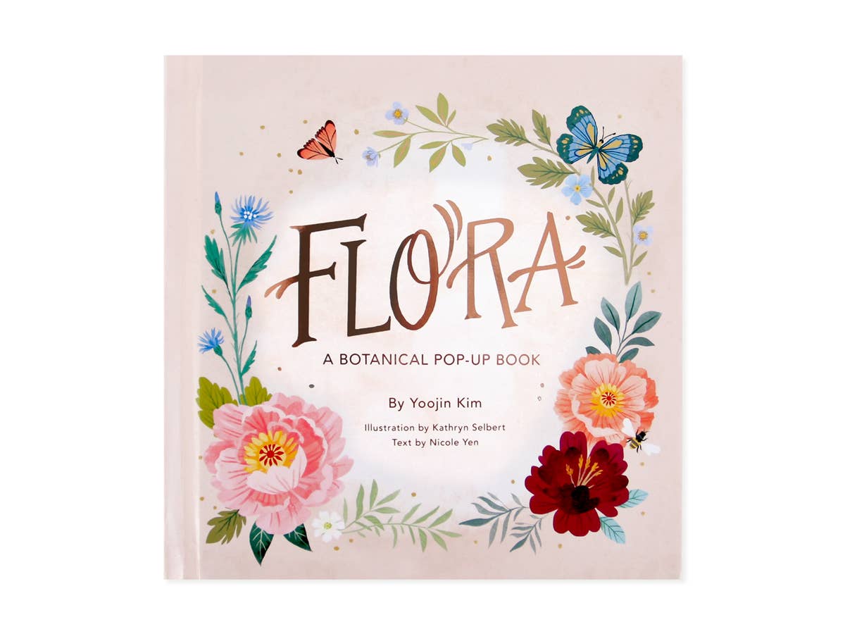 Cover of 'Flora: A Botanical Pop-Up Book' featuring floral illustrations, butterflies, and bees. Available in the stationery store.