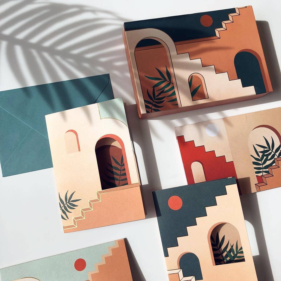Staircases and Archways Boxed Notes with die-cut edges and gold foil, featuring 8 dimensional cards and envelopes from Stationery Store.