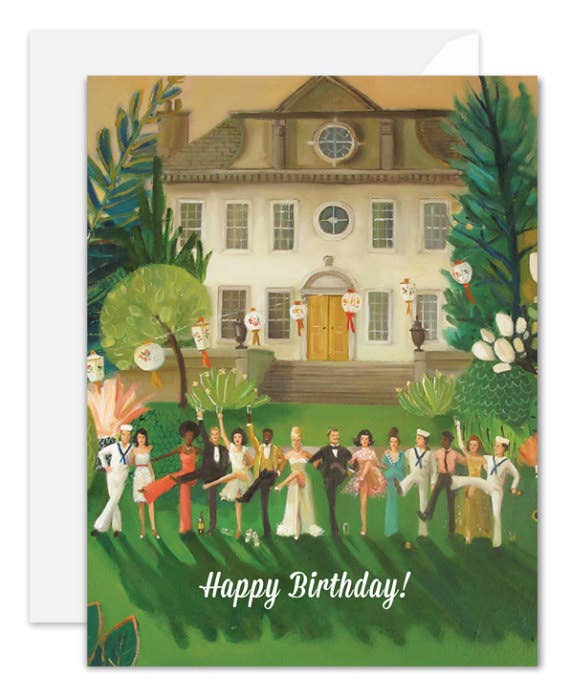 Whiskey Sour High Kick Birthday Card featuring a festive scene in front of a mansion, perfect for any stationery store collection.
