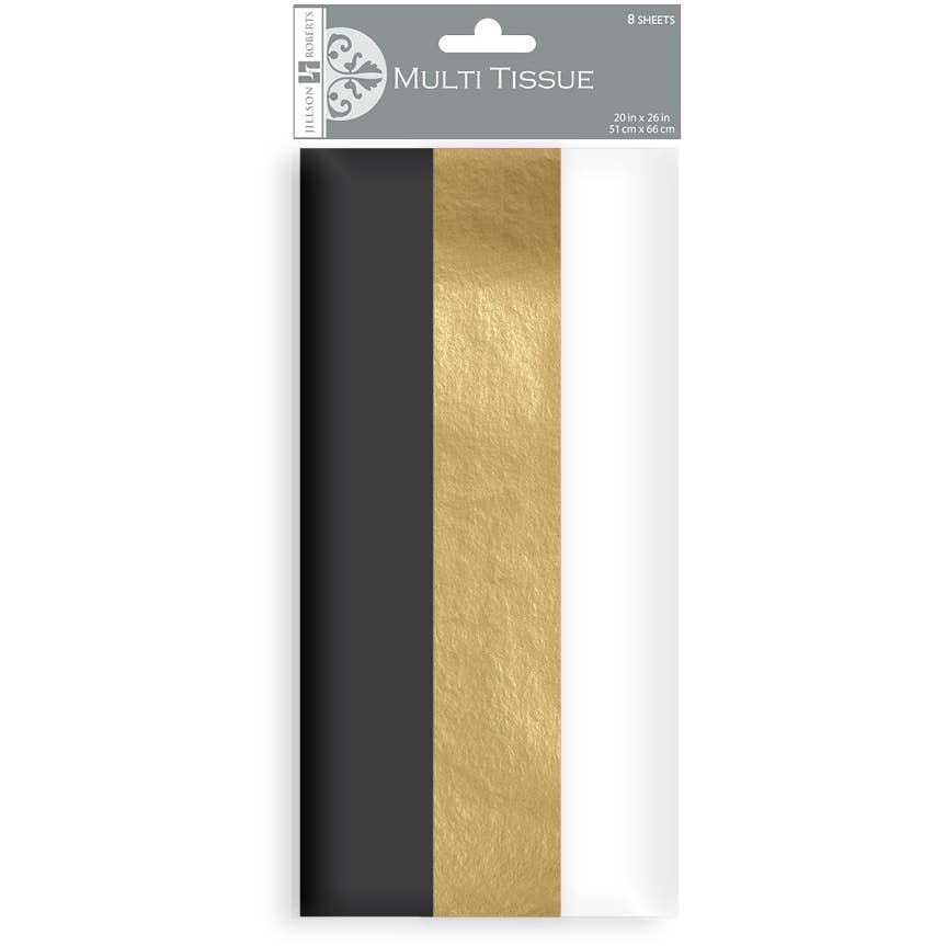 Sophisticate Tissue Multi pack with black, metallic gold, and white sheets; ideal for stationery store sales. 8 sheets, 20" x 26".