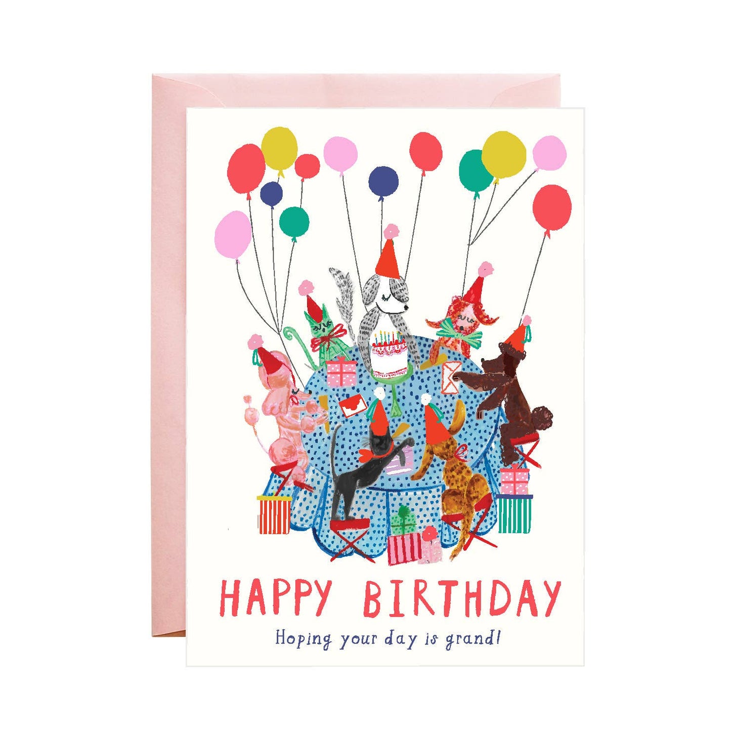 "Dog Party - Birthday Greeting Card with colorful balloons and animals, hand-drawn by Mr. Boddington, available at our stationery store."