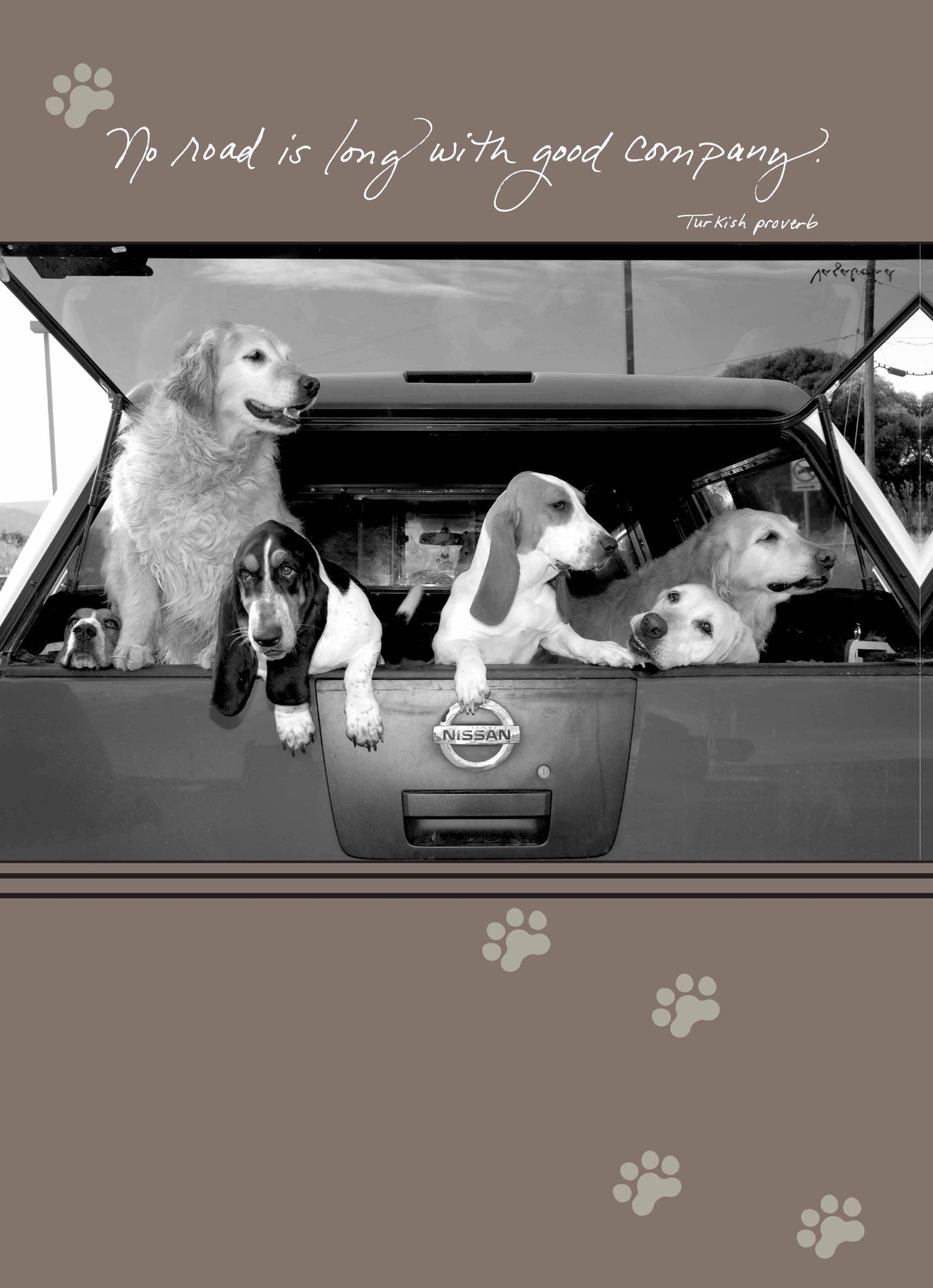 Stationery store card with dogs in a car, featuring Turkish proverb 'No Road Is Long With Good Company'. Happy Birthday greeting inside.