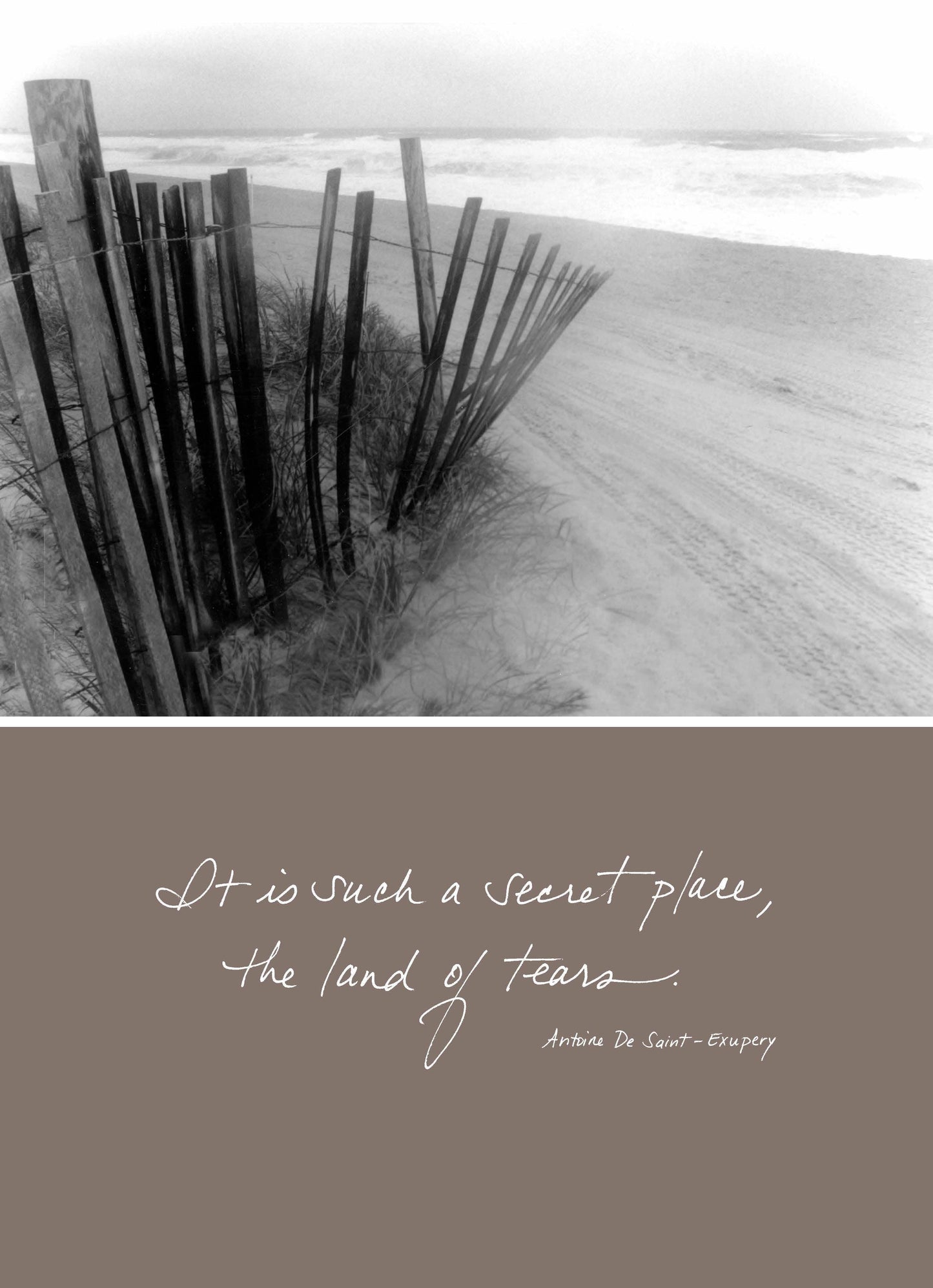 "276s: It Is Such a Secret Place, the Land of Tears" by Antoine de Saint-Exupéry, stationery store card with heartfelt greeting.