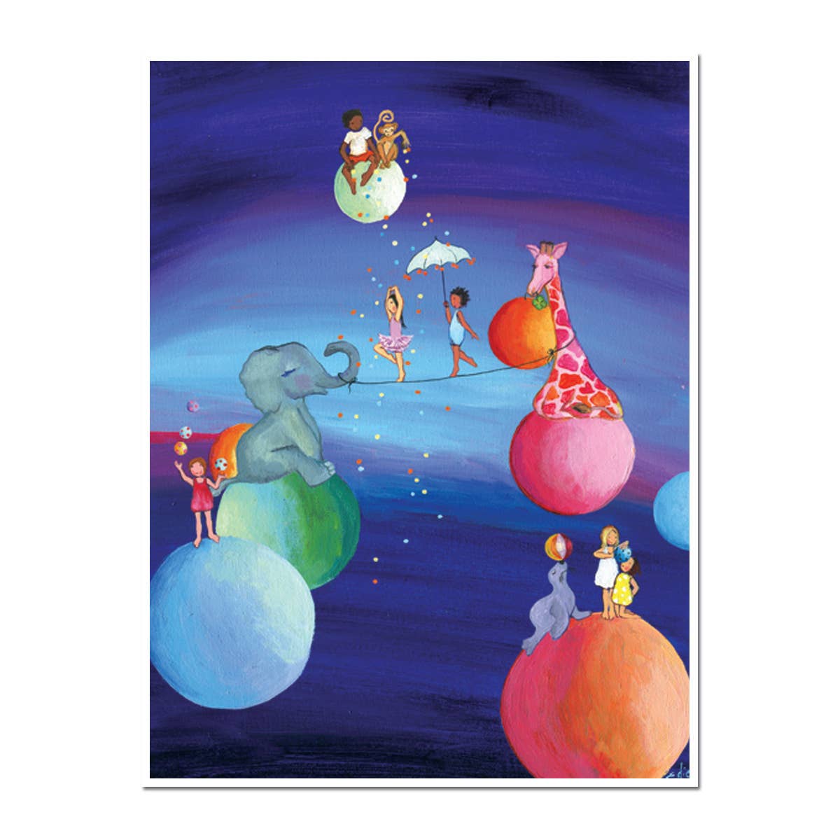 Alt Tag: Let's Play Birthday Card with whimsical animals and children on colorful spheres, designed by Edie Pijpers. Available at stationery store.