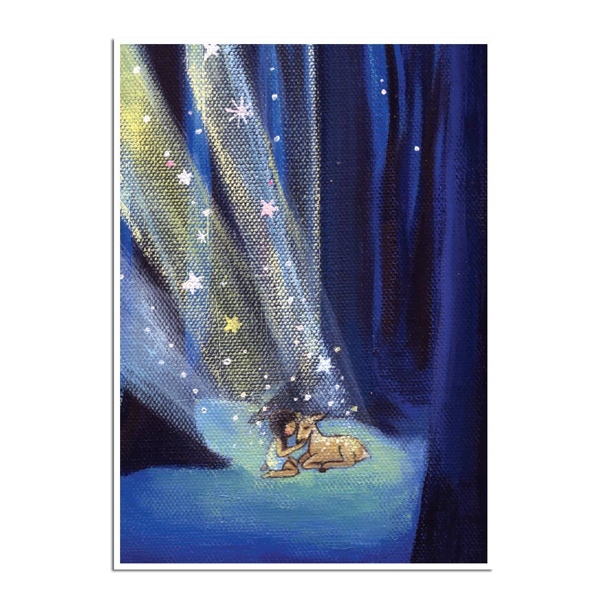 Alt Tag: Stars & Deer Friend New Baby Card by Edie Pijpers, 5x7 semi-gloss finish, available at stationery store. Made in USA.