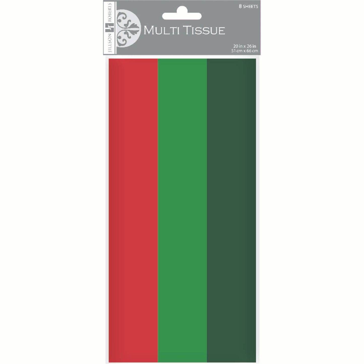 Classic Christmas tissue pack with multi-color sheets from a stationery store. Made with recycled and FSC certified fiber, 20" x 26" folded sheets.