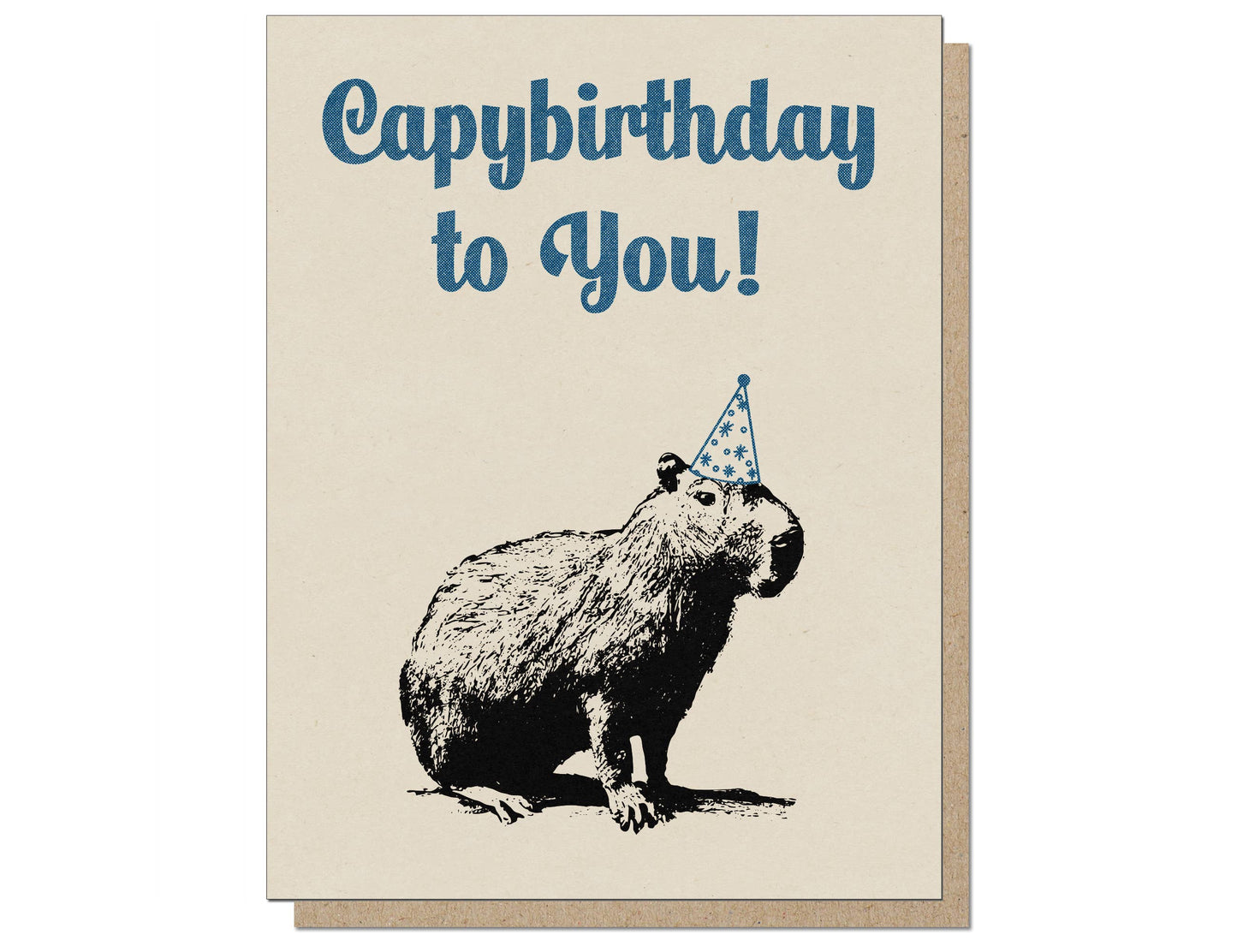 Alt Tag: "Capybirthday to You" birthday card featuring a capybara with a party hat, A2 size, available at stationery store.