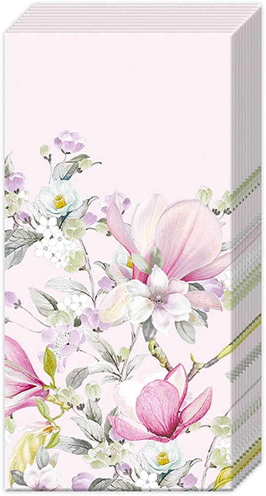 Pocket Tissues Romantic Magnolia Light Rose, 4-ply, floral design, ideal for stationery store. 10 tissues per package, made in Germany.