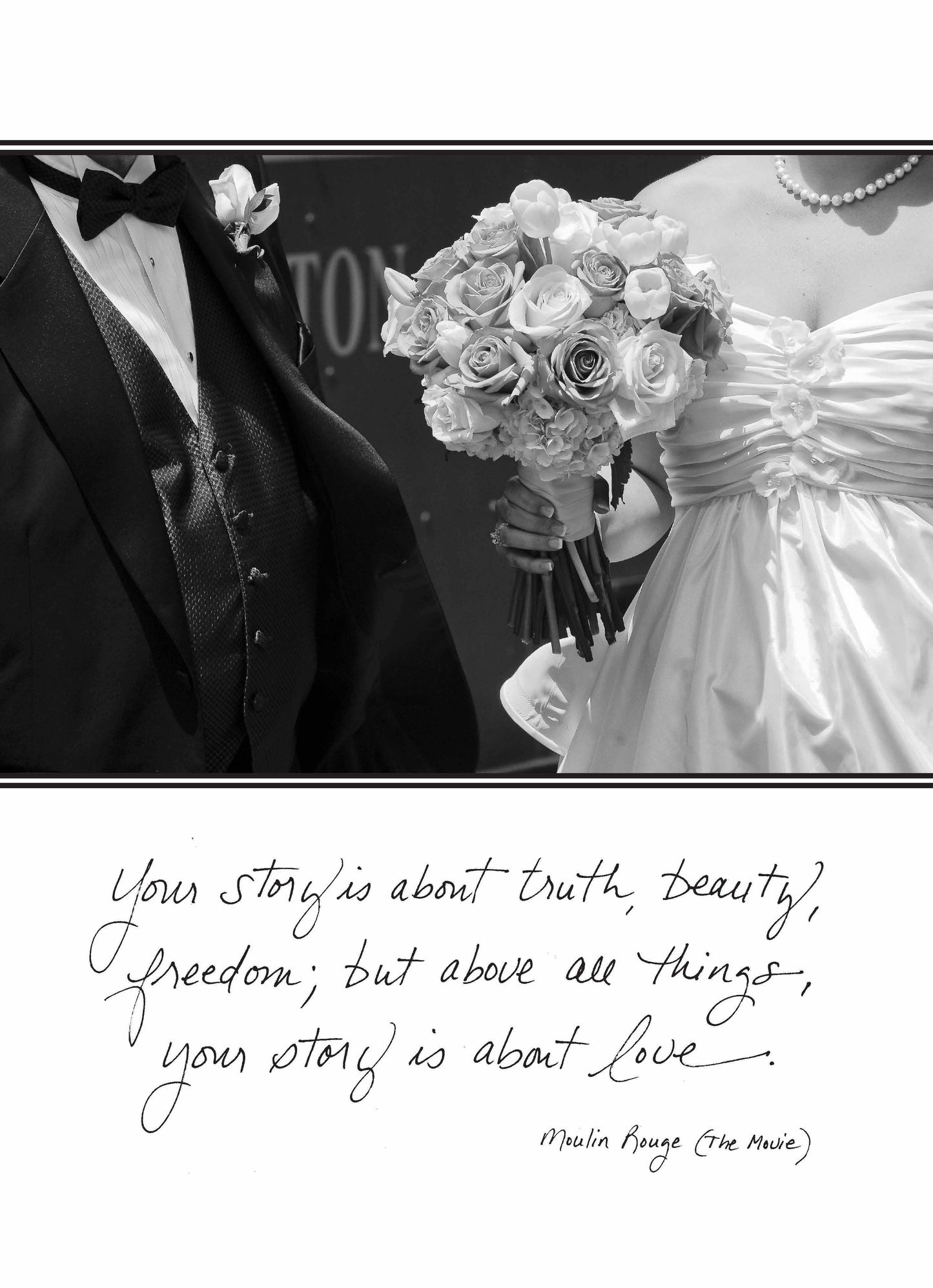 Wedding card with couple holding roses, featuring text about truth, beauty, freedom; from a stationery store