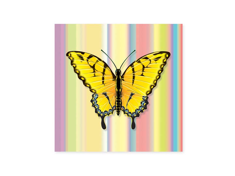 Spring Butterflies Pop-Up Card with colorful artwork, available at stationery store, featuring a vibrant yellow butterfly on pastel stripes.