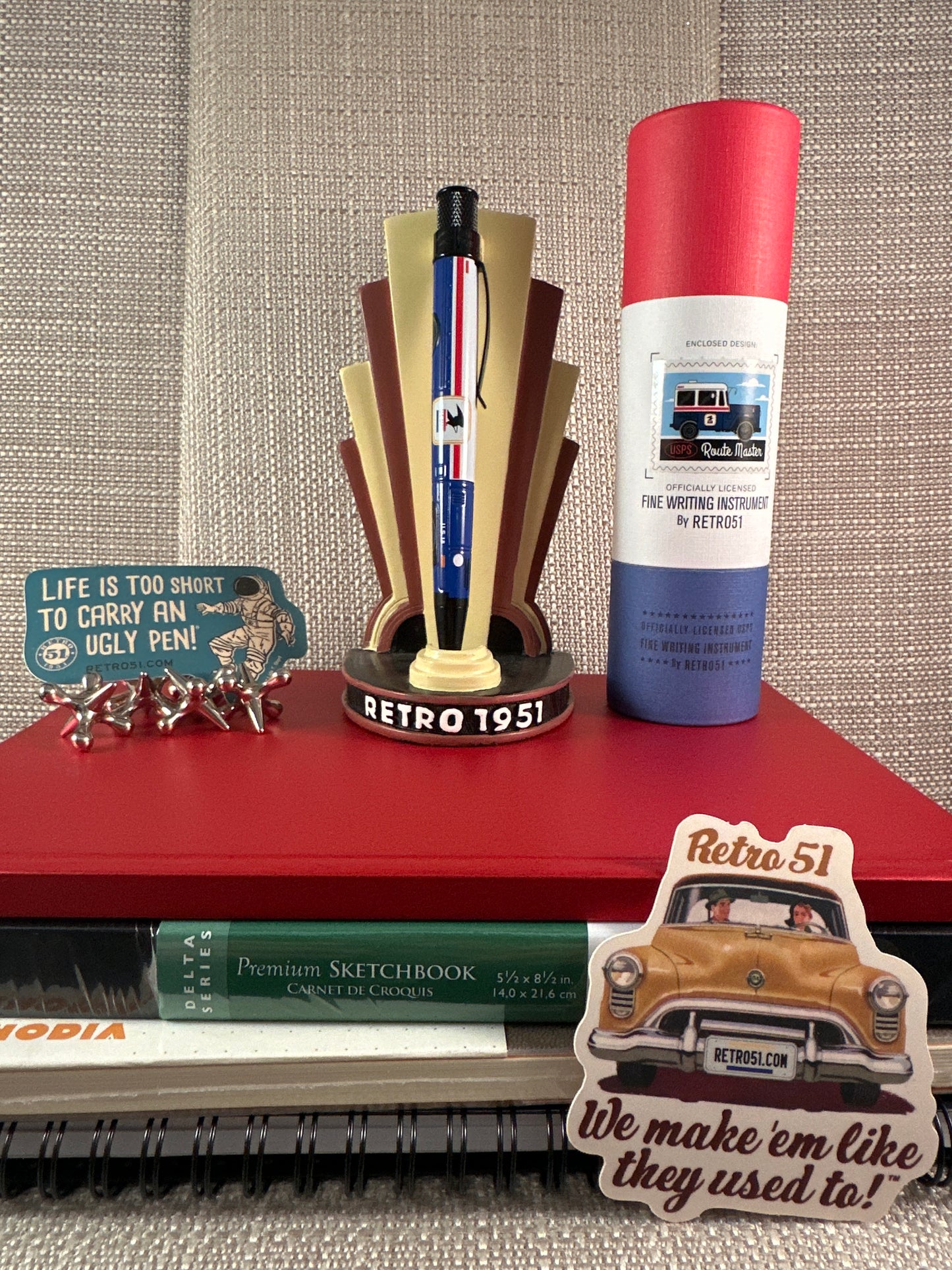 Retro51 Tornado Collection pen display at stationery store, showcasing a vintage-inspired design with vibrant colors and unique finishes.