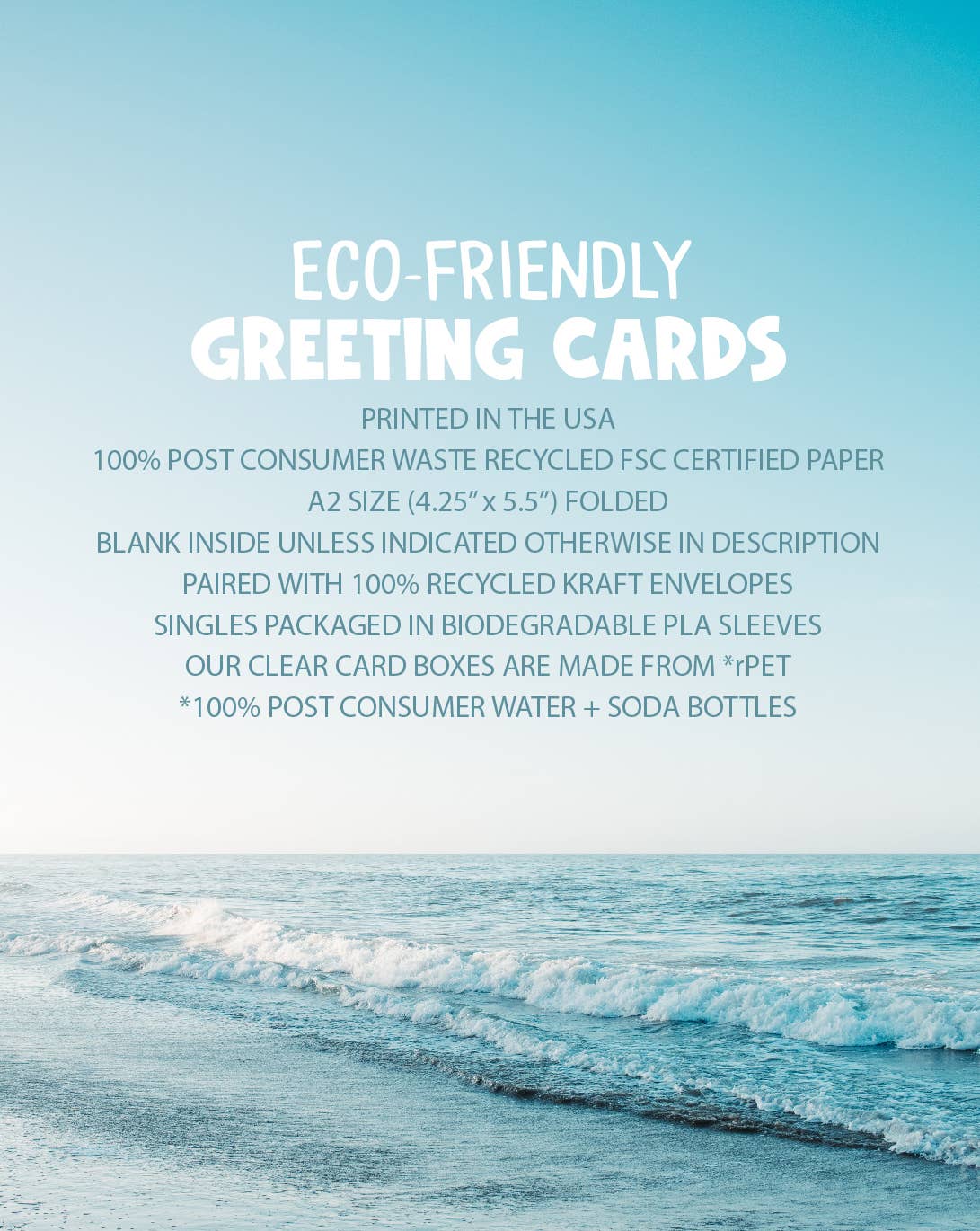 Eco-friendly greeting cards at stationery store, printed on recycled paper in USA, paired with kraft envelope, A2 size, biodegradable packaging.