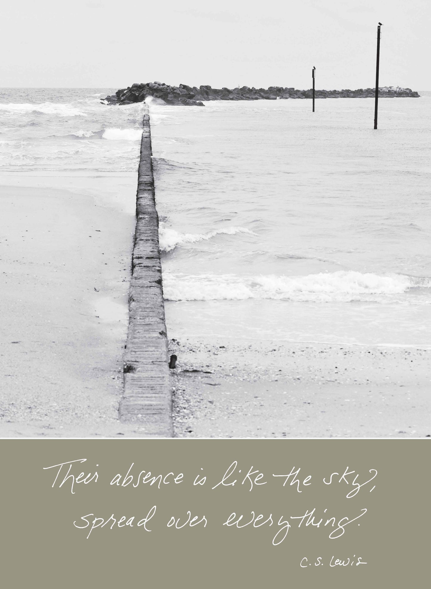 Card featuring a serene beach scene with quote 'Their Absence Is Like the Sky, Spread Over Everything' from stationery store collection.