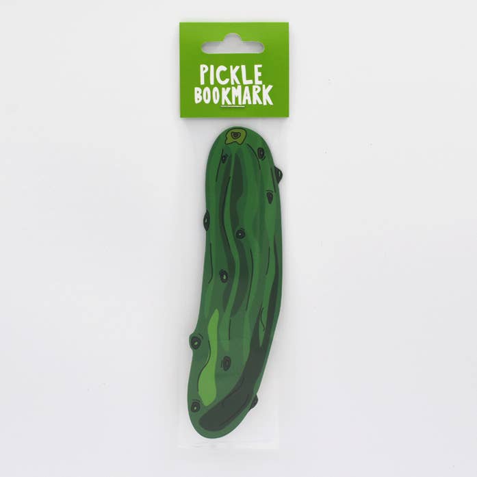 Pickle Bookmark die cut in packaging from Humdrum Stationery Store, printed with double-sided UV inks on sturdy 24pt cover paper.