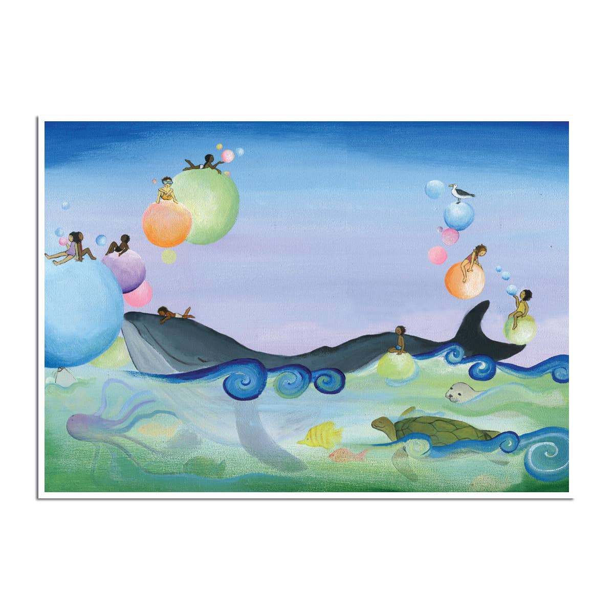 Ocean Whale Birthday Card by Edie Pijpers, featuring vibrant sea life; perfect for stationery stores. 7x5 semi-gloss thick card stock.