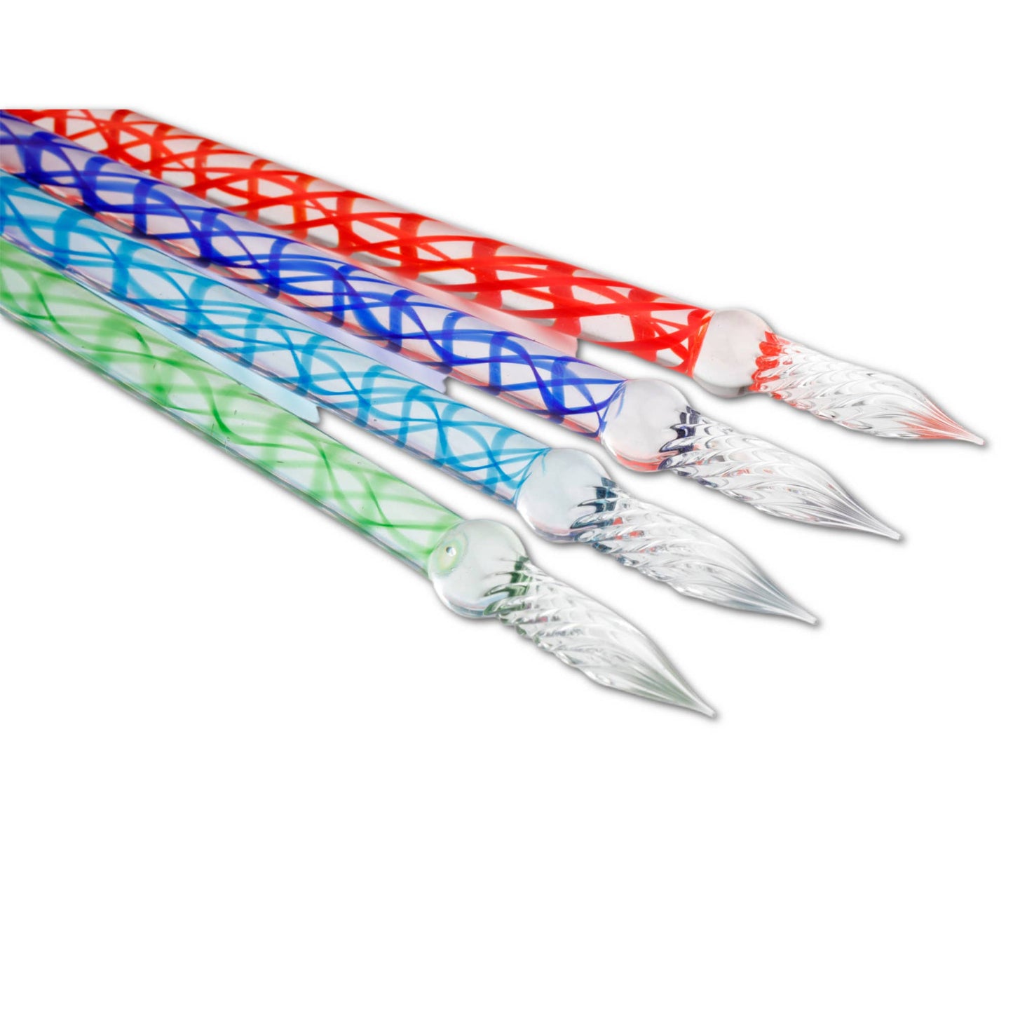 Colorful Herbin Glass Dip Pens arranged side by side, featuring spiral tips and ergonomic handles, available at stationery store.