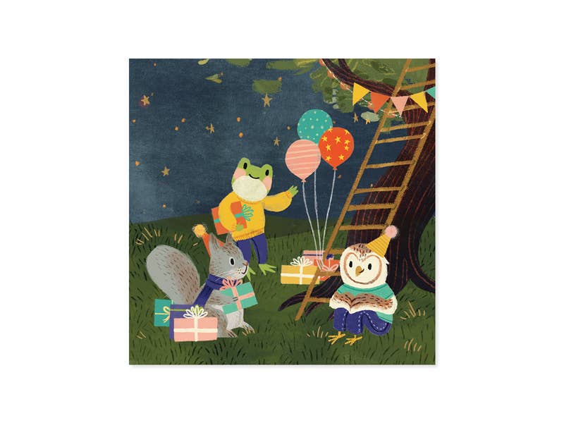 Birthday Treehouse Pop-up Card with Lights, featuring colorful animals with gifts and balloons, available at stationery store.