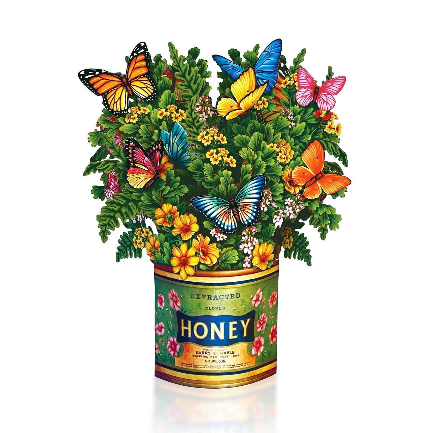 Pop-up greeting card featuring mini butterflies and buttercups bouquet in a honey can from stationery store.