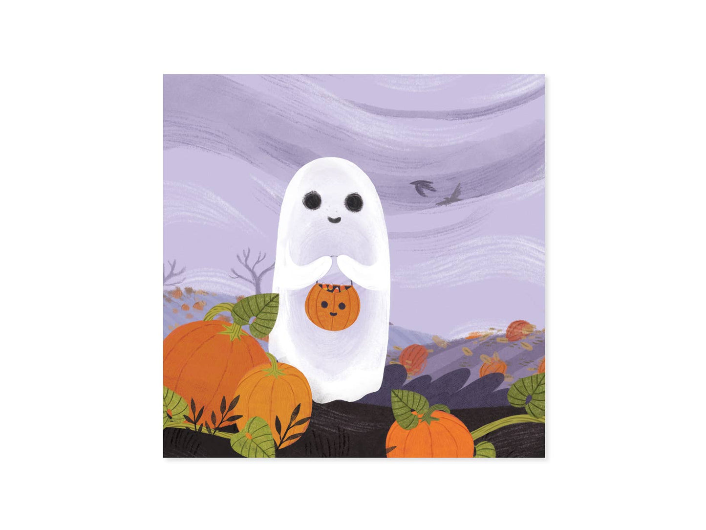 Ghost and Cat Halloween Pop-Up Card featuring a cute ghost with pumpkins, perfect for stationery stores and festive greetings.