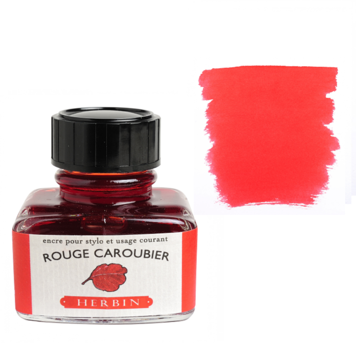 Herbin Rouge Caroubier ink bottle with swatch, 30ml, stationery store.