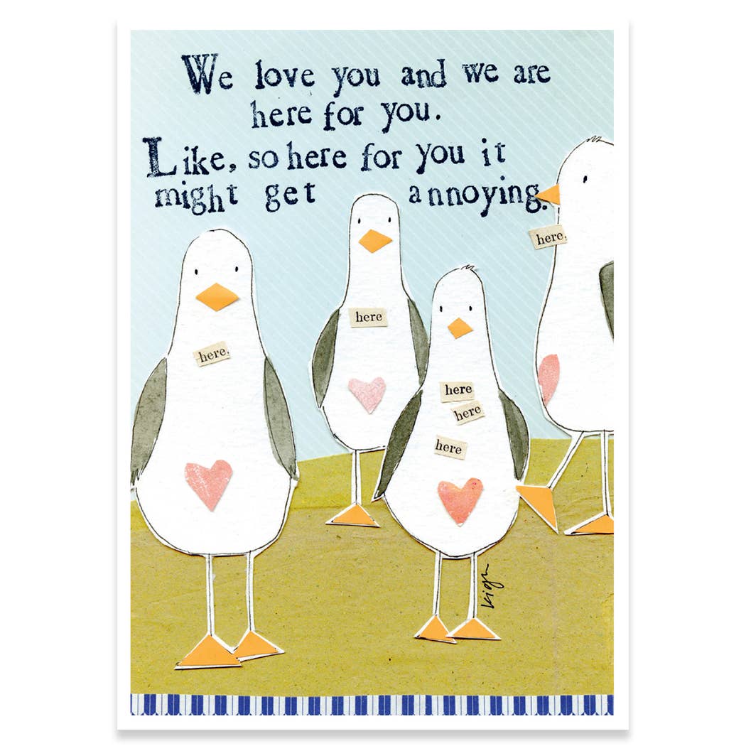 Cute support card with cartoon birds, part of the 'SO HERE FOR YOU' Curly Girl series. Available at stationery store.