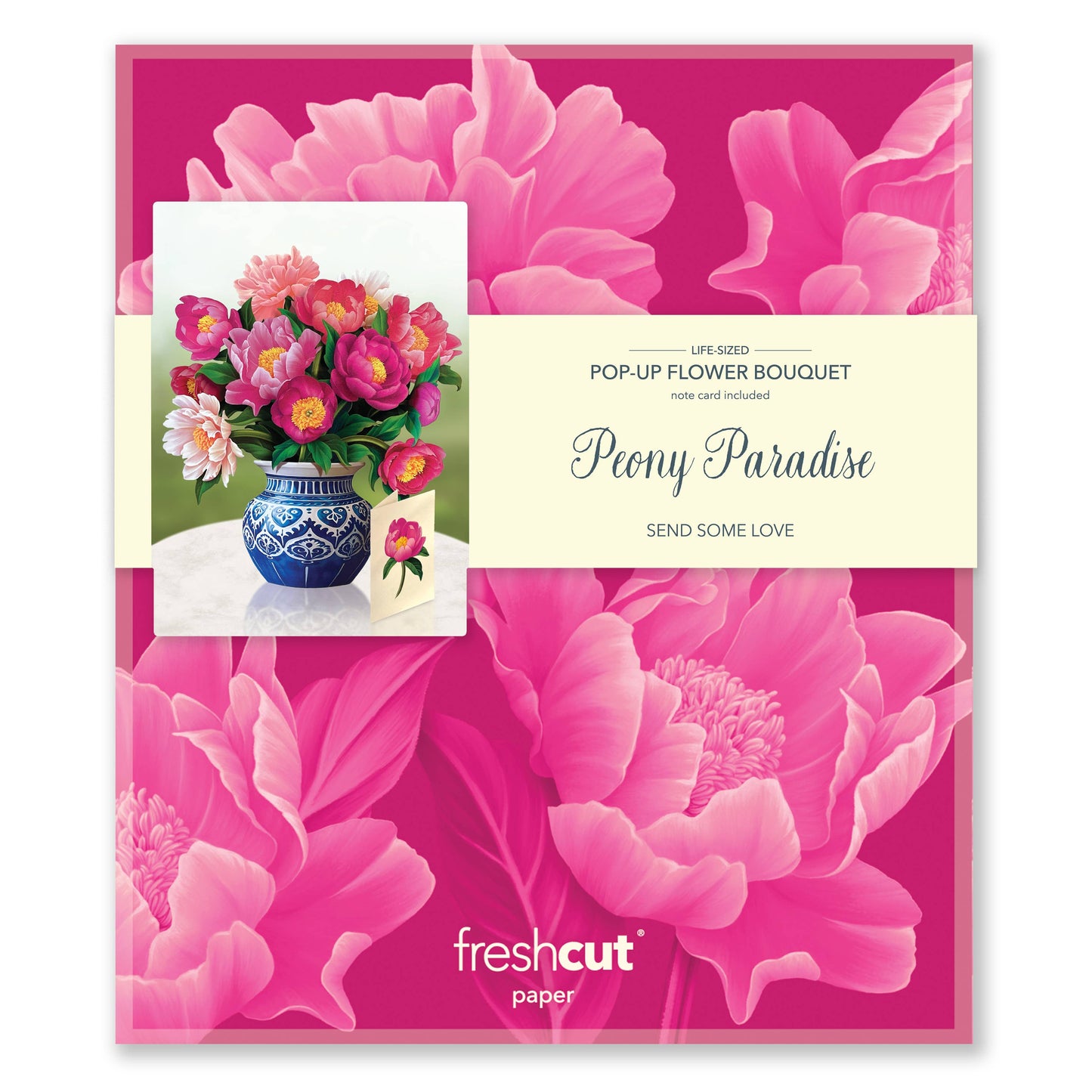 Peony Paradise pop-up greeting card featuring vibrant peonies, perfect for gifts; available at stationery stores.