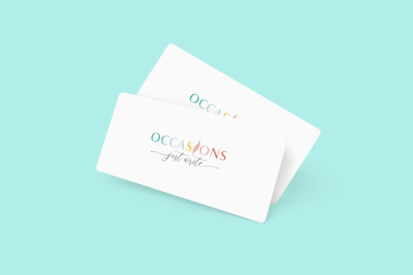 Occasions Just Write Gift Card from stationery store displayed on a blue background.