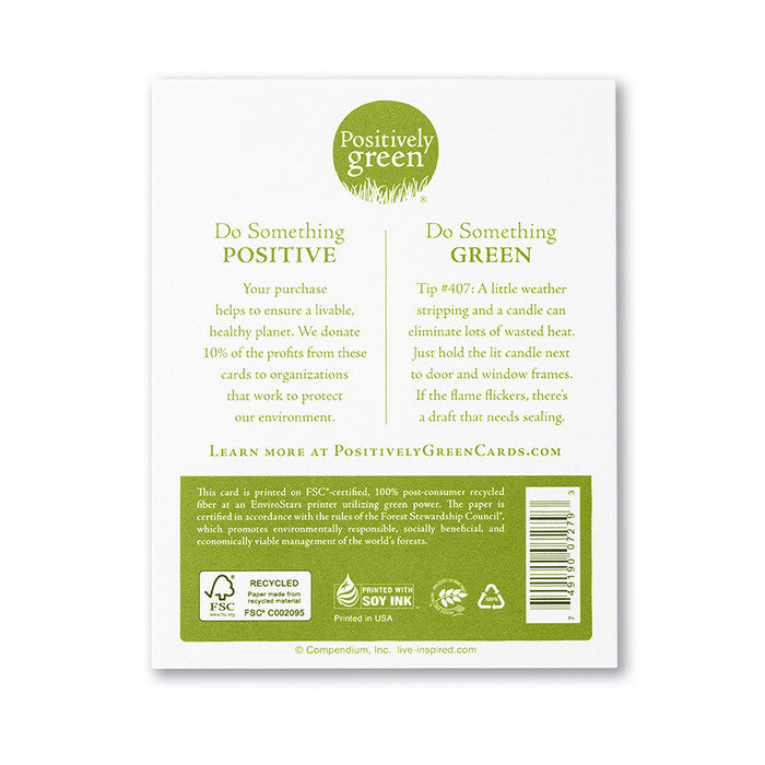 Back of Positively Green Happy Birthday card with positive message and eco-friendly details - Stationery store exclusive.