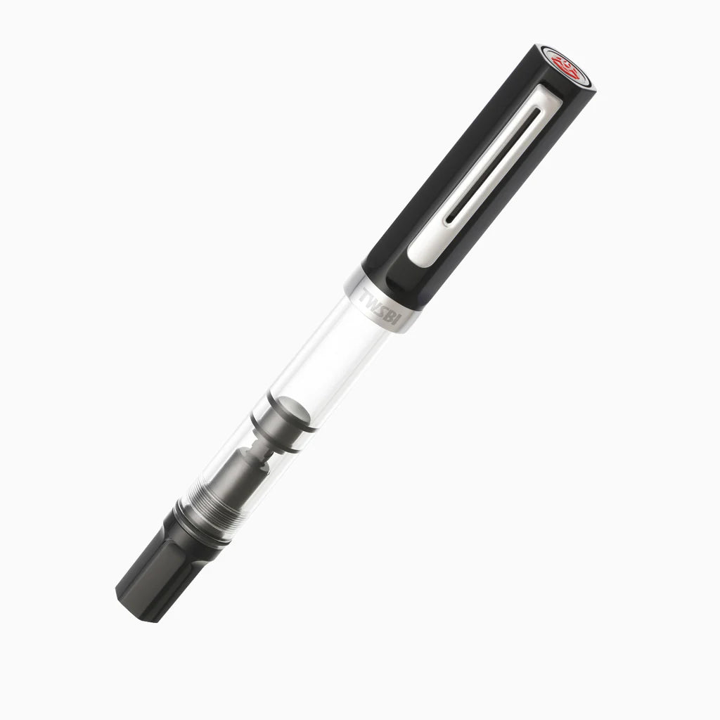 TWSBI ECO Black Fountain Pen with piston-filling system; sleek design ideal for beginners and experts. Available at stationery store.