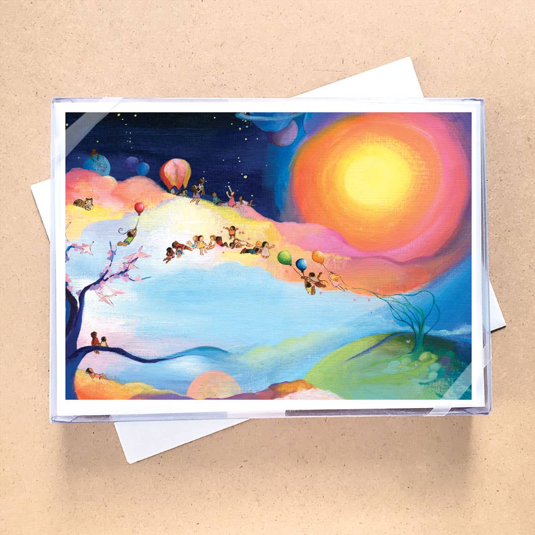 Ravi Boxed Blank Cards featuring vibrant artwork by Edie Pijpers, available in stationery stores, pack of 10 cards and envelopes.