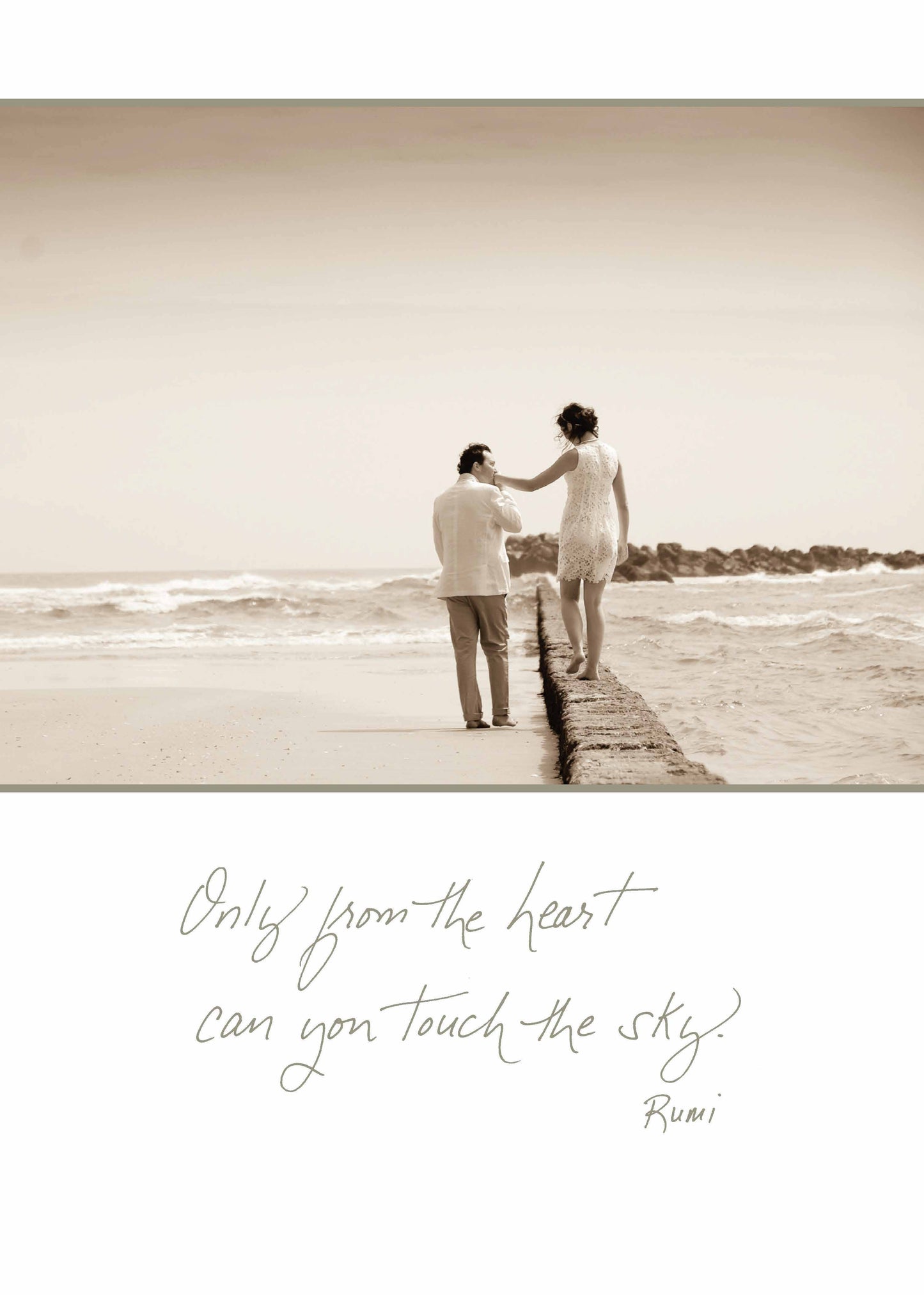 Alt Tag: Romantic couple at beach with 'Only From the Heart Can You Touch the Sky' quote by Rumi. Perfect for stationery store gifts.
