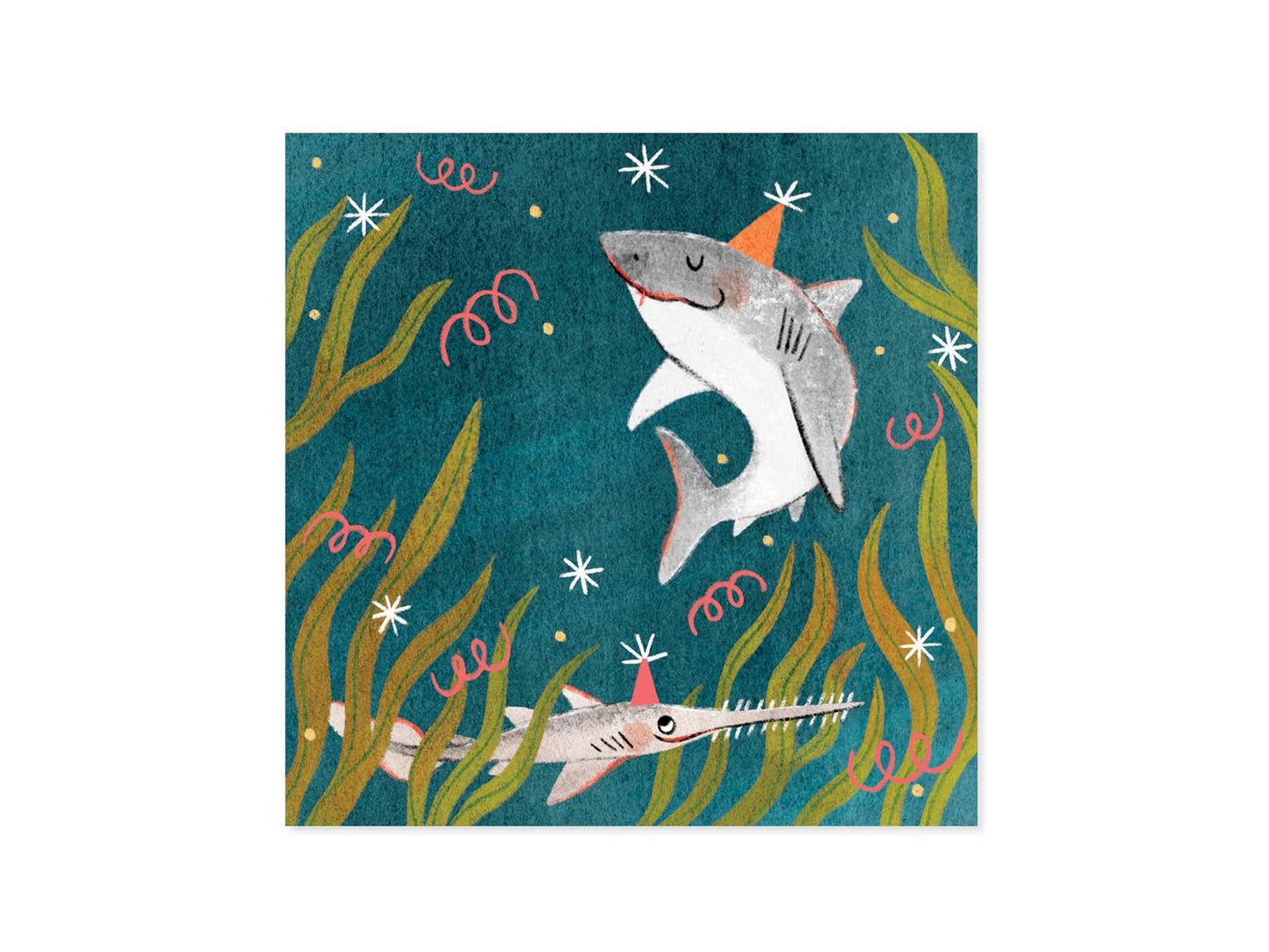 Sharks Treasures Pop-Up Birthday Card featuring colorful shark design, perfect for a stationery store gift with vibrant Pantone ink.