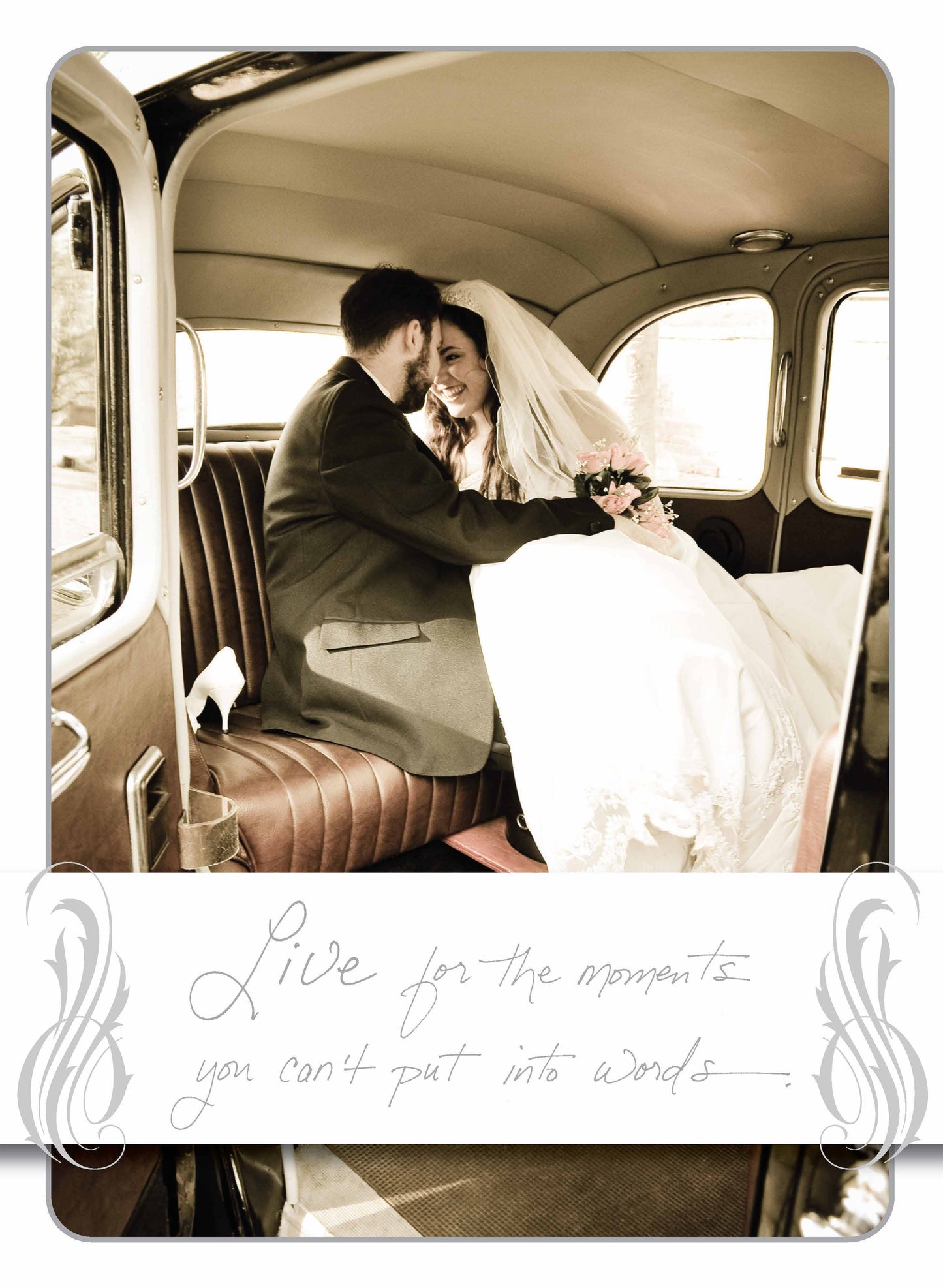 Alt Tag: Elegant wedding card from a stationery store with couple in car - "Live for the moments you can't put into words" quote.
