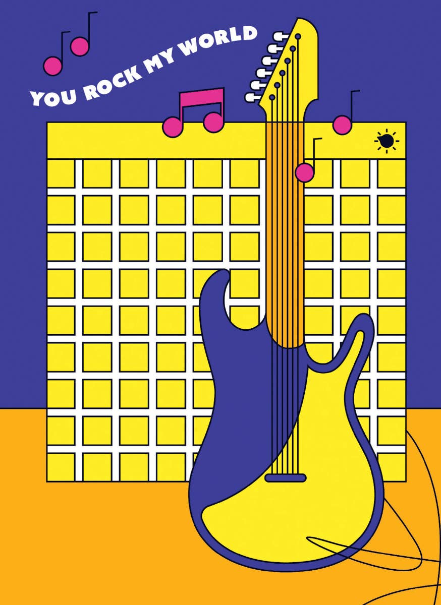 Valentine's Day card with electric guitar and 'You Rock My World' text by Alphablots, available at stationery store.