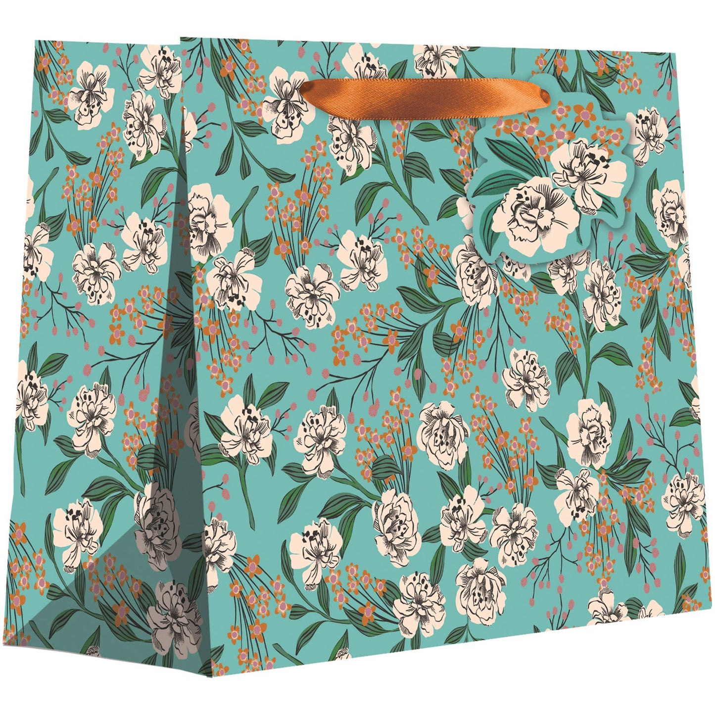Retro Floral Aqua large tote with floral print, eco-friendly, made from recycled paper, stationery store, 12.5' x 10' x 5' size.