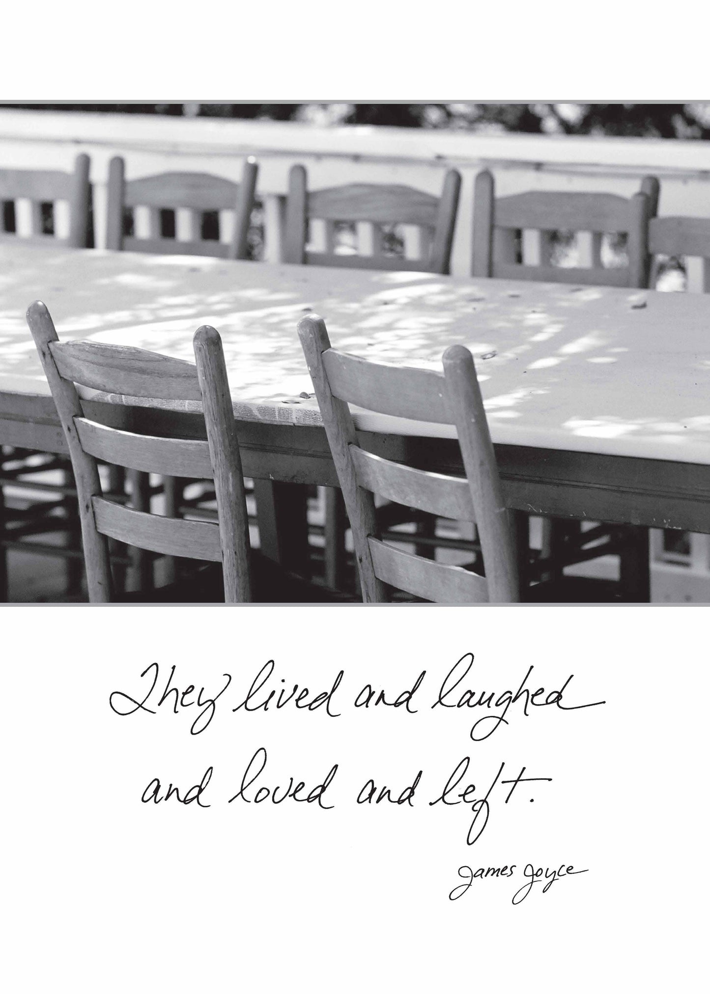 Sympathy card titled '521s: They Lived and Laughed and Loved and Left' by James Joyce, available at stationery store.