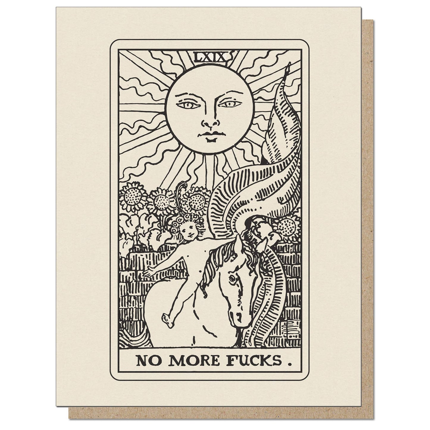Funny tarot card greeting featuring 'No More Fucks' design, inspired by The Sun from Rider-Waite deck, ideal for stationery store shoppers.