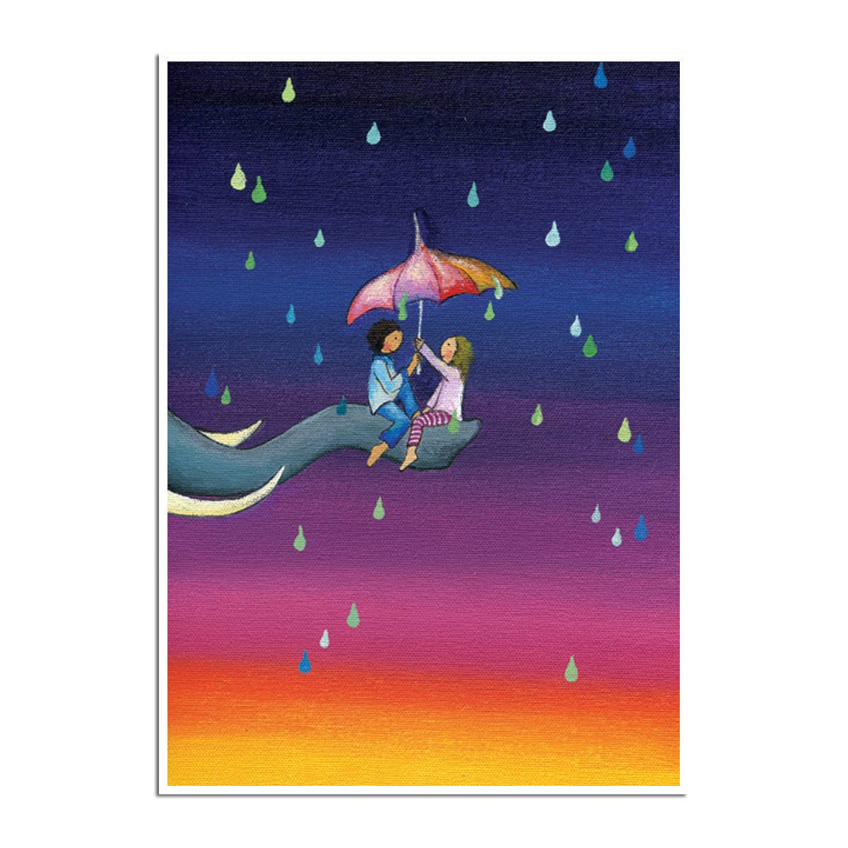 Colorful Umbrella Blank Card by Edie Pijpers featuring whimsical art, ideal for stationery stores, blank inside, 5x7 semi-gloss finish.