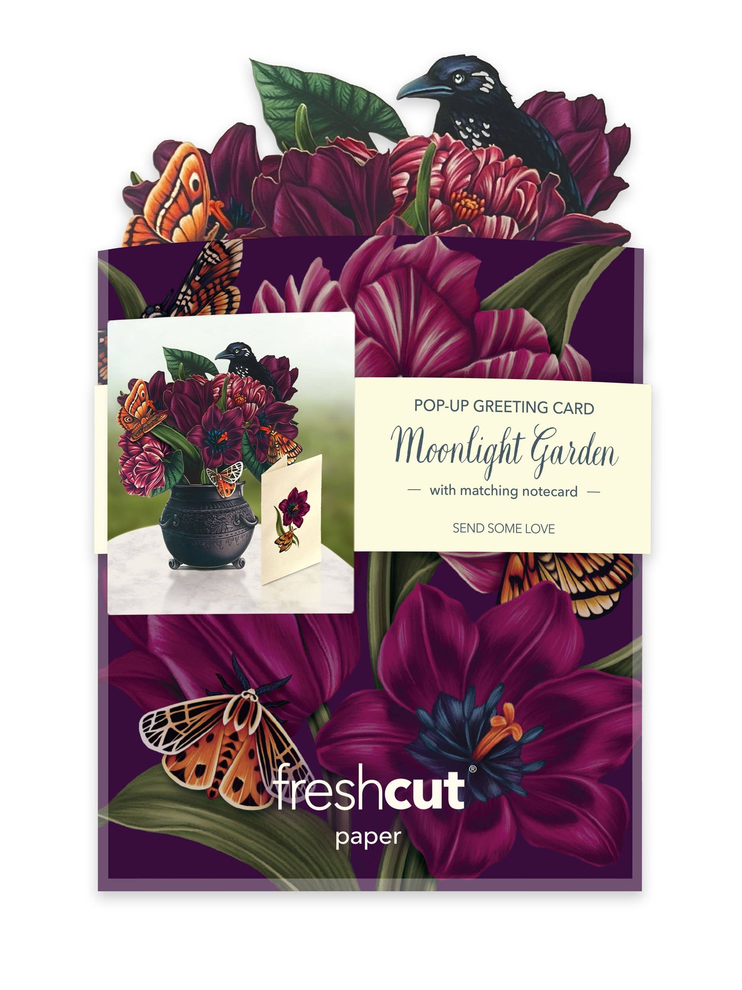 Alt Tag: Mini Moonlight Gardens Pop-up Greeting Card with tulips, begonia leaves, raven, and tiger moths from stationery store