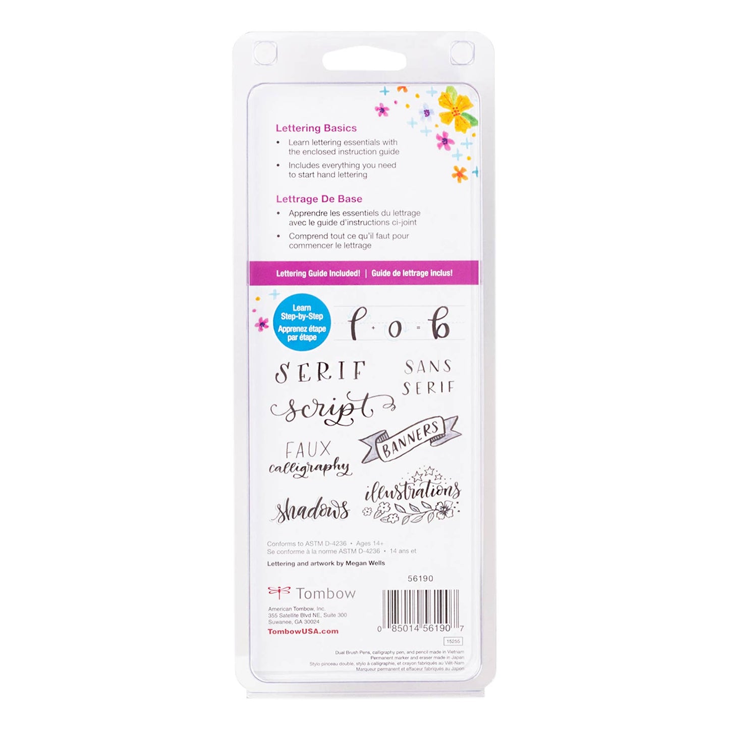 Back view of Tombow Lettering Basics Set packaging with lettering designs and included stationery guide, available at stationery stores.