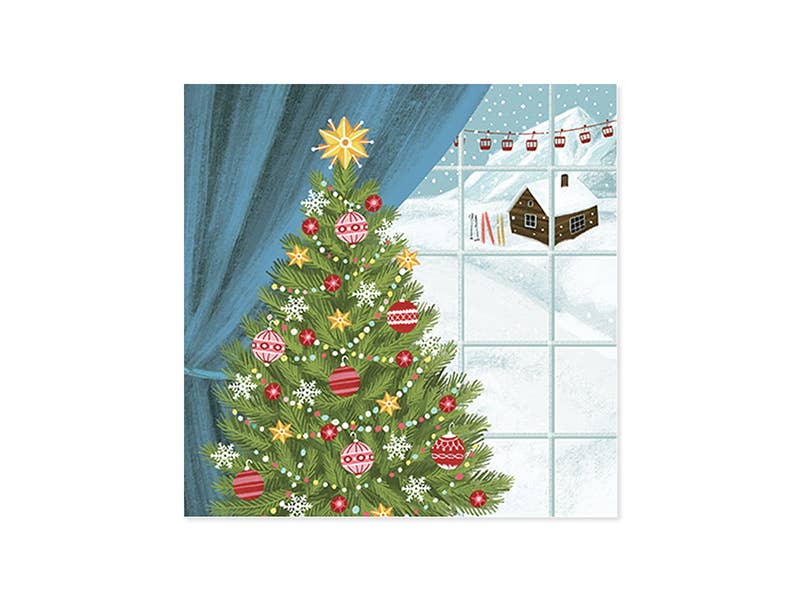Illustration of a decorated Christmas tree by a window with snow outside, featured in a Santa Cat Christmas pop-up card from a stationery store.
