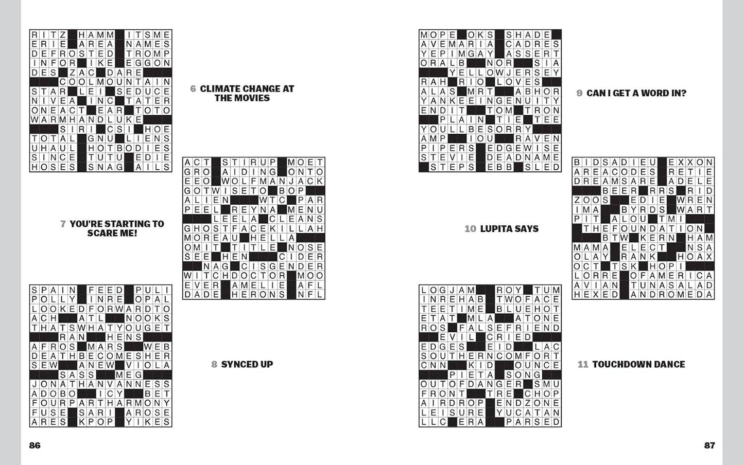 Vox Pop Culture Crosswords book pages with themed puzzles, available at stationery stores. Features pop culture and classic crossword themes.