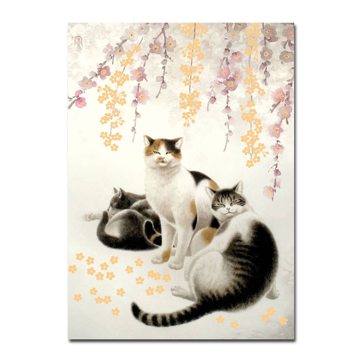 3 Cats Foil Birthday Card featuring three cats, floral design, by artist Tadashi Ura. Available at leading stationery stores. Made in USA.