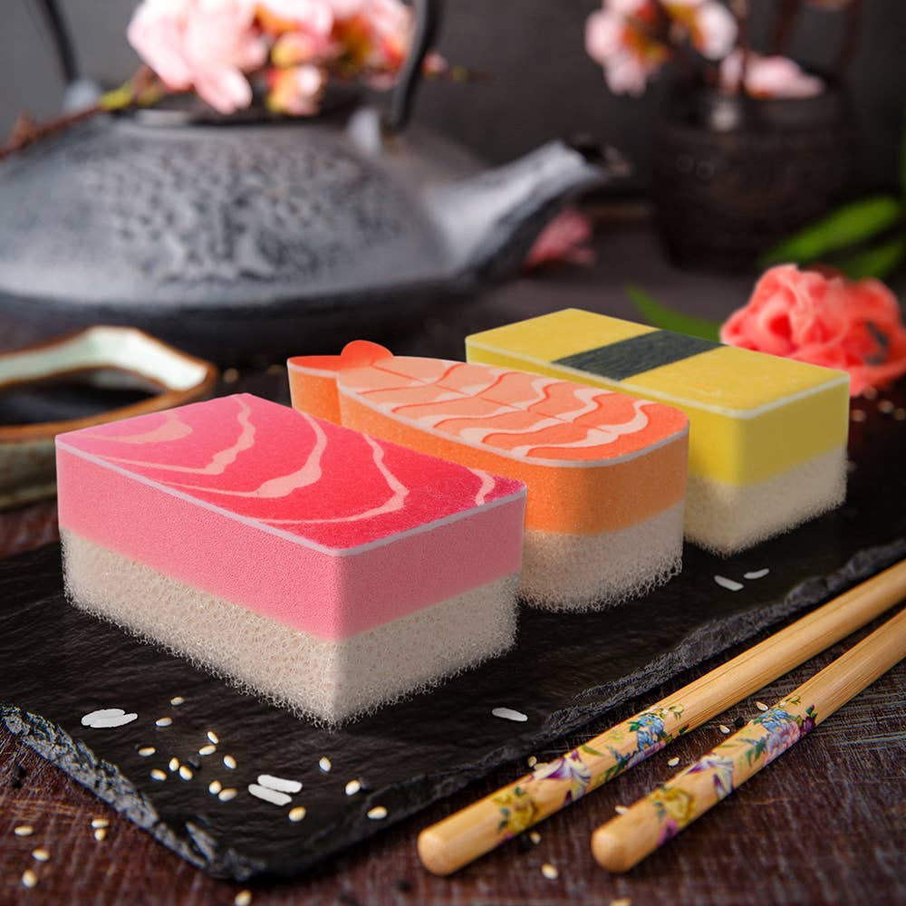 Alt Tag: Washabi-3 Sponges Set - Shrimp, Tuna, Tamago Design for Dish Cleaning, Available at Stationery Store.