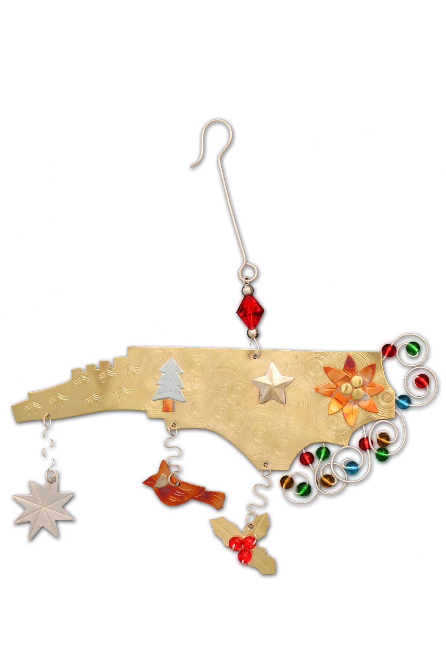 Handmade Christmas North Carolina ornament featuring holiday motifs and vibrant accents, ideal for stationery store décor and gifts.