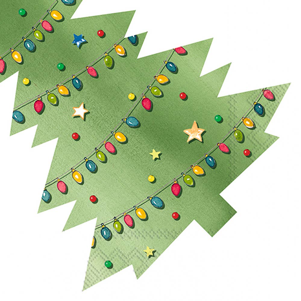 Shaped Christmas tree napkins pack of 12 with lights, green, 3-ply paper, ideal for holiday decor, from stationery store.