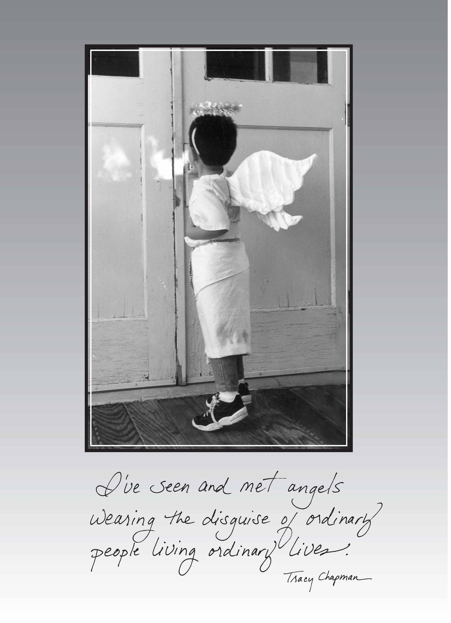 Child wearing angel costume, "I've Seen and Met Angels" card from Bonair Daydreams at a stationery store.