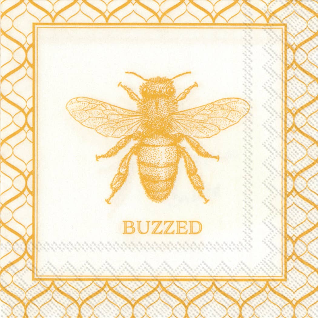 Paper cocktail napkins pack of 20 featuring a bee design and 'Buzzed' text. Eco-friendly, from stationery store collection.